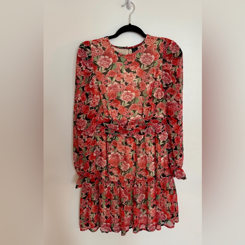 Vero Moda Red and Black Ruffled Tiered Long Sleeve Dress